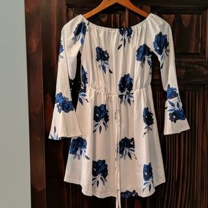 Bell sleeve white dress with blue flowers
